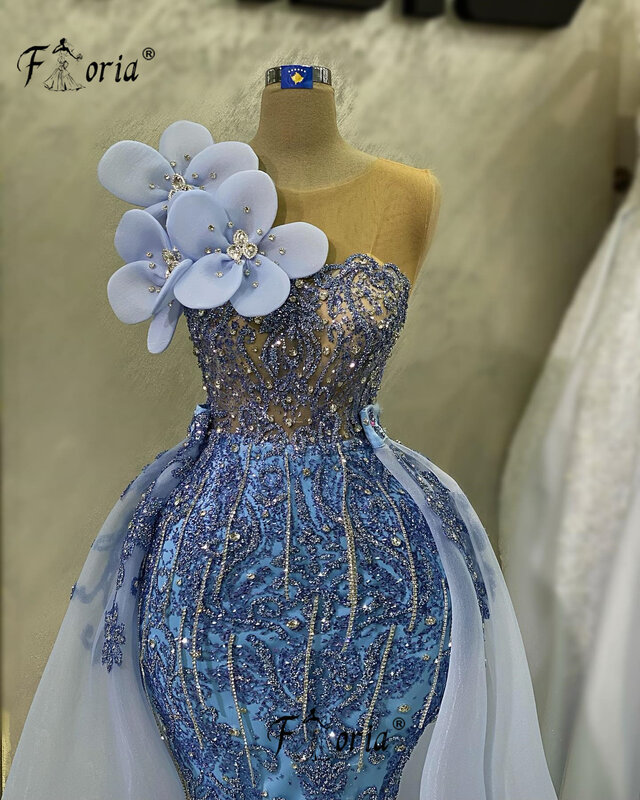 Gaun malam manik-manik rumbai Fashion rok dapat dilepas 3D bunga applique putri duyung gaun acara Formal gaun resepsi pernikahan