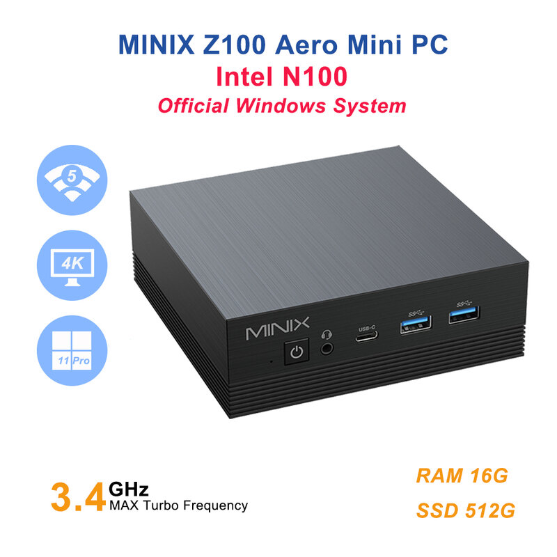 Minix Z100-Aero Intel N100คอมพิวเตอร์ขนาดเล็ก16GB DDR4 512GB SSD Windows 11 Pro Wifi5 BT5.1 4K สามจอ/1GB + 2.5g lan/ 3.2 USB-A/USB-C
