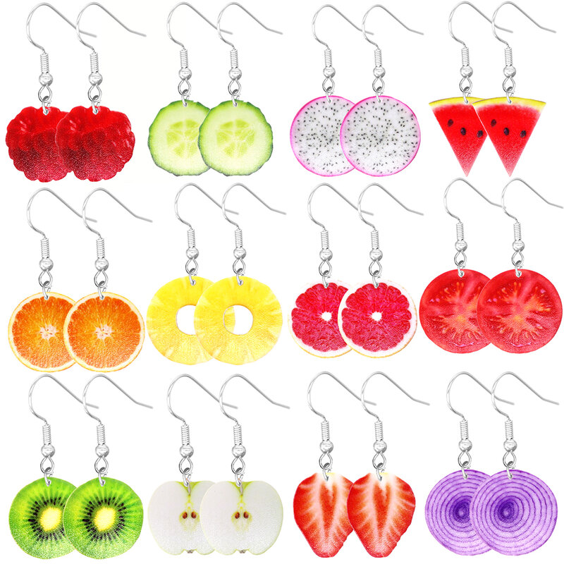 양파 애플 토마토 딸기 수박 귤 파인애플 오이 슬라이스 디자인 댕글 귀걸이, 귀여운 스타일 트렌디 여성 선물