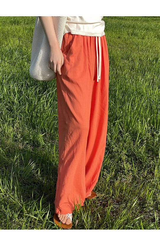 Celana panjang kaki lebar wanita, Bawahan kasual warna polos pinggang tinggi longgar musim panas