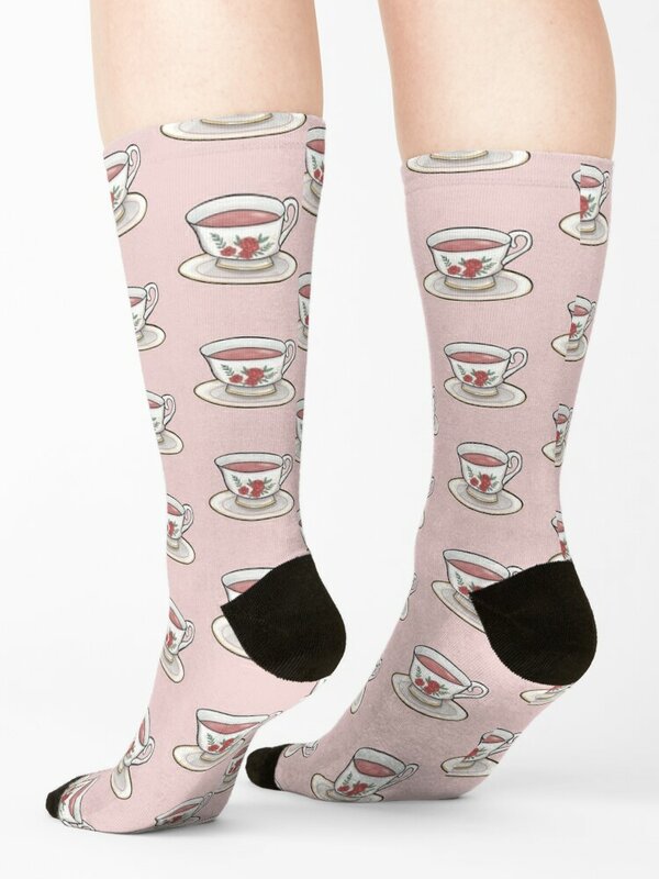 Cup of Tea, Pink Rose Teacup Socks luxury gift loose shoes Socks Woman Men's