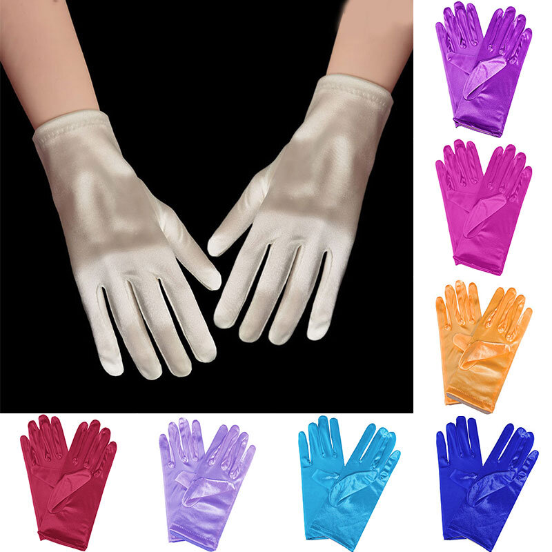 1 Pairs Solid Color Wedding Bridal Satin Short Gloves Full Fingers Elasticity Spandex Gloves Soft Etiquette Performances Gloves