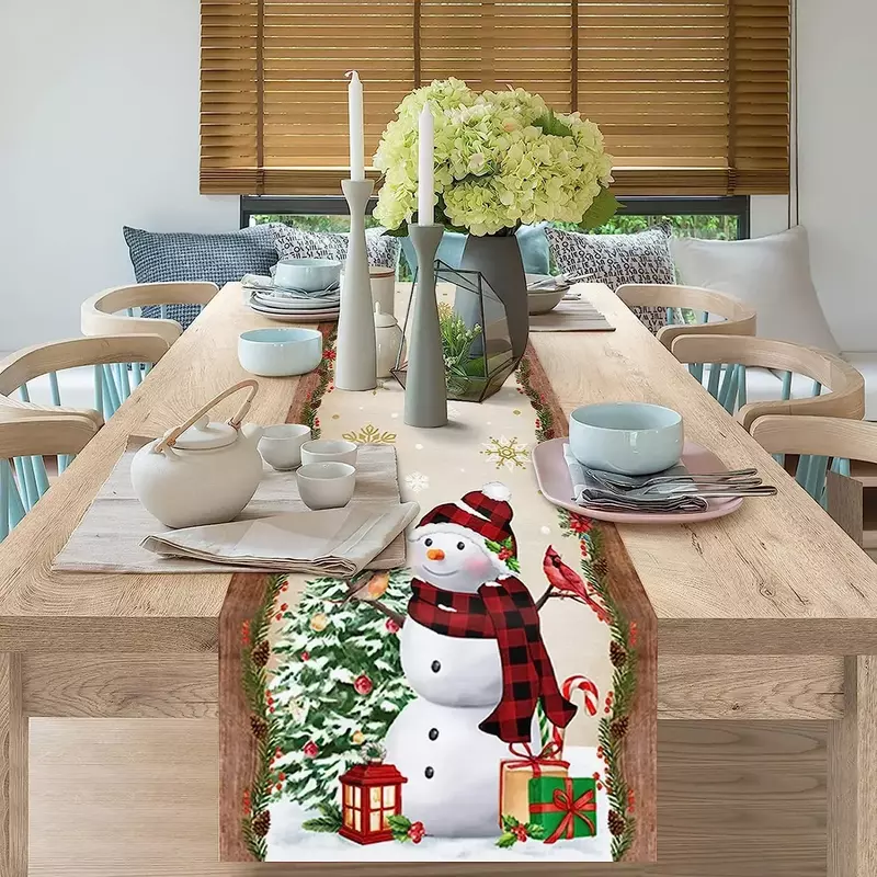 Camino de mesa de lino con diseño de muñeco de nieve, decoración de árbol de Navidad para cocina, comedor, granja, invierno, boda