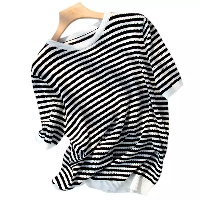 J017   Summer knitted short sleeve women's round neck half sleeve thin bottom coat loose striped shirt