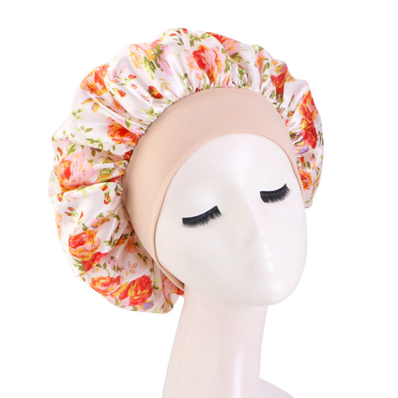Gorro de cetim grande feminino com estampa floral, boné de cabelo, chapéu de dormir noturno, gorros de cabeça, chapéu africano, estiramento largo, flor grande, estiramento