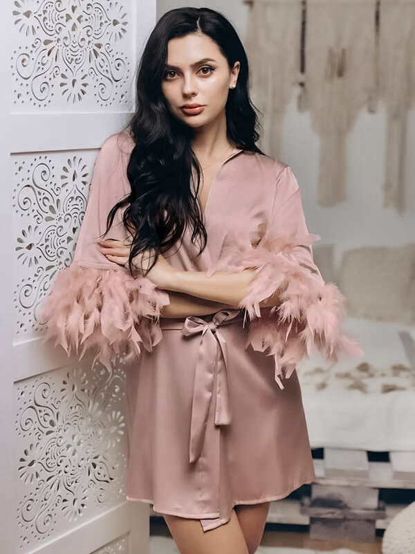 Hiloc Feathers Robes Women Pajama Splicing Women's Dressing Gown Mini Sexy Bathrobes With Belt V-Neck Satin Pajamas 2022 Dresses