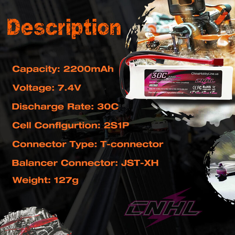 Bateria CNHL Lipo com T Deans XT60 Plug, RC FPV Quadcopter Drone Avião Helicóptero Carro Passatempo, 2S, 7.4V, 2200mAh, 30C, 40C, 70C, 2pcs