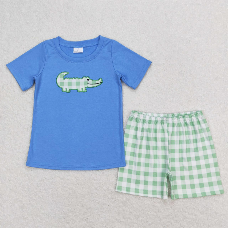 Conjunto de dos piezas para niños pequeños, camisa de manga corta bordada, pantalones cortos, traje de verano para niños, animales y perros, venta al por mayor