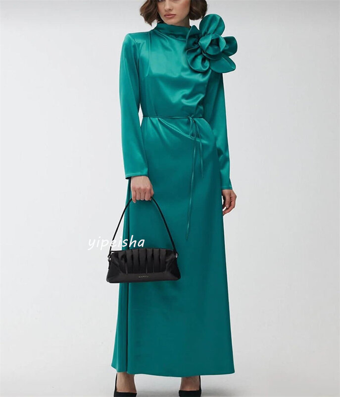 Vestido de noche de satén de Arabia Saudita, vestido de noche fruncido con flores, línea A, cuello alto, vestido de ocasión a medida, vestidos Midi