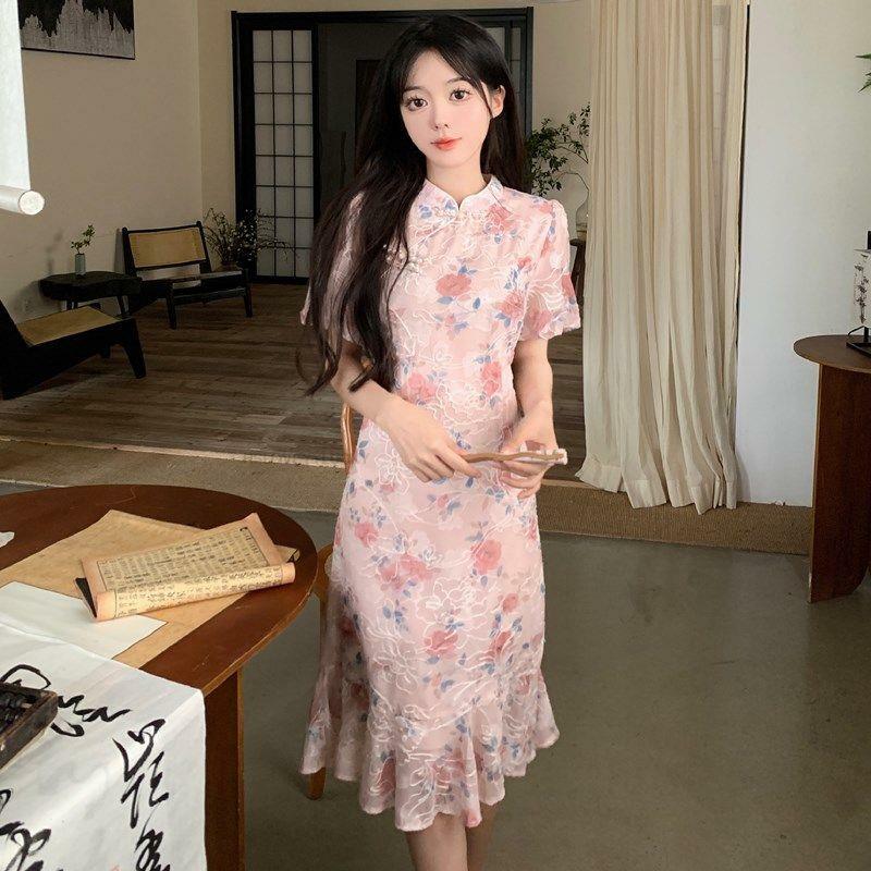 Gaun Cheongsam wanita, Gaun A Line elegan, gaun Cheongsam, gaun Qipao, bunga, peningkatan gaya China, baru