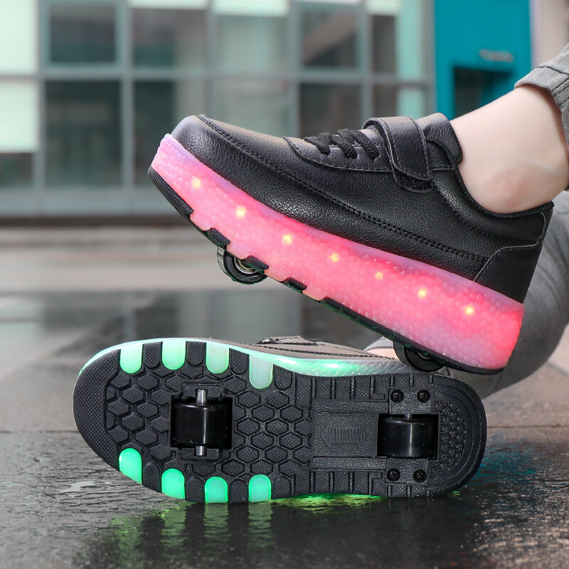 Migająca moda buty rolki chłopięce dziewczynki buty LED ładowane na USB dzieci świecące koła trampki buty na zewnątrz na zewnątrz