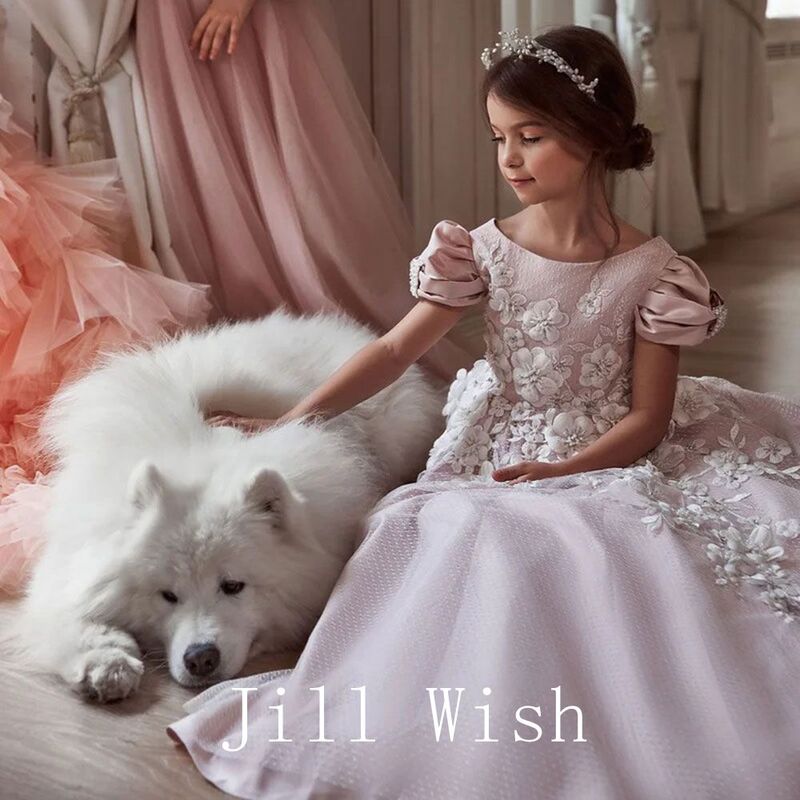 Jill Wish Luxury Elegant Pink Girl Dress Appliques Cape Beading Princess Gown Kids Wedding Communion Party Quinceañera 2024 J164