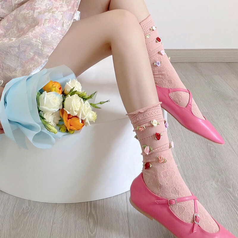 Calcetines cortos transpirables para mujer, medias Ultra finas, decoración de flores de Rosa dulce, estilo francés JK, primavera y verano, 1 par