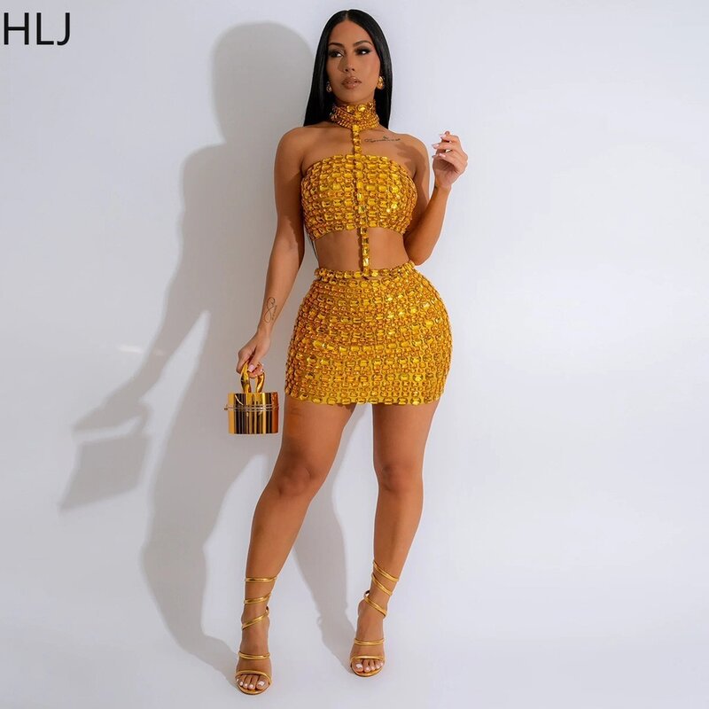 HLJ Fashion Rhinestone Hollow Out Mini Skirts Two Piece Sets Women Sleeveless Backless Crop Top + Skirts Outfits Female Clothing