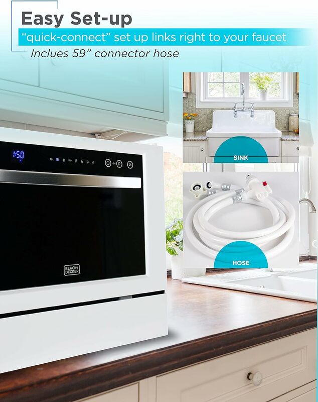 Hitam + DECKER BCD6W meja kompak mesin cuci piring, 6 pengaturan tempat, putih