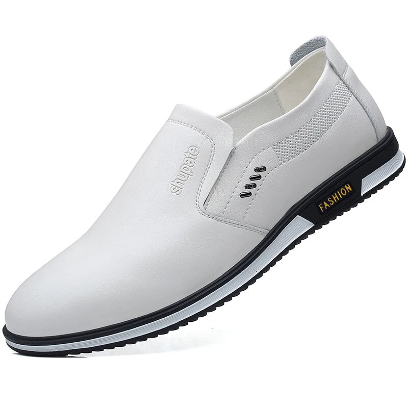 Sapatos de couro branco confortáveis para homens, tênis de sola macia casual antiderrapante, sapatos de verão ao ar livre, tamanho grande