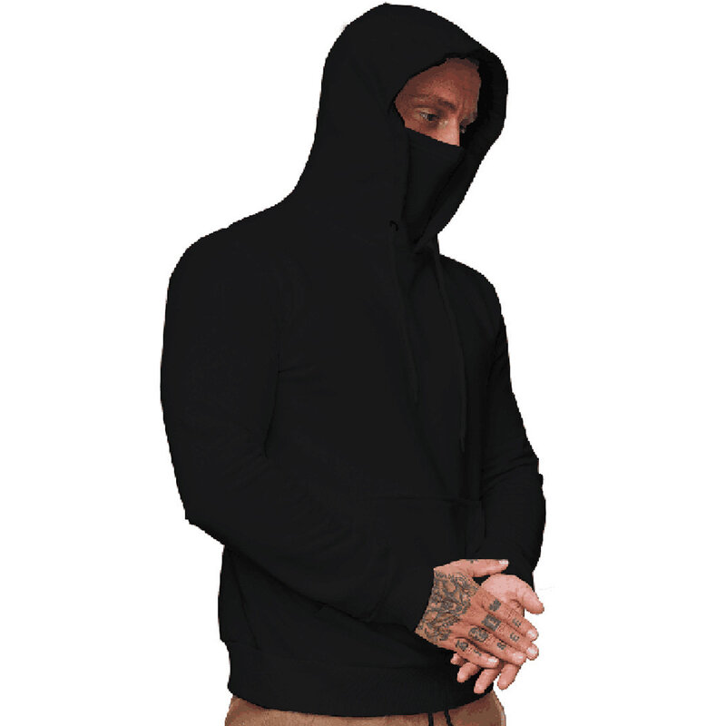 Sweter bertudung modis pria, atasan lengan panjang elastis dengan pelindung wajah nyaman kasual musim gugur musim dingin