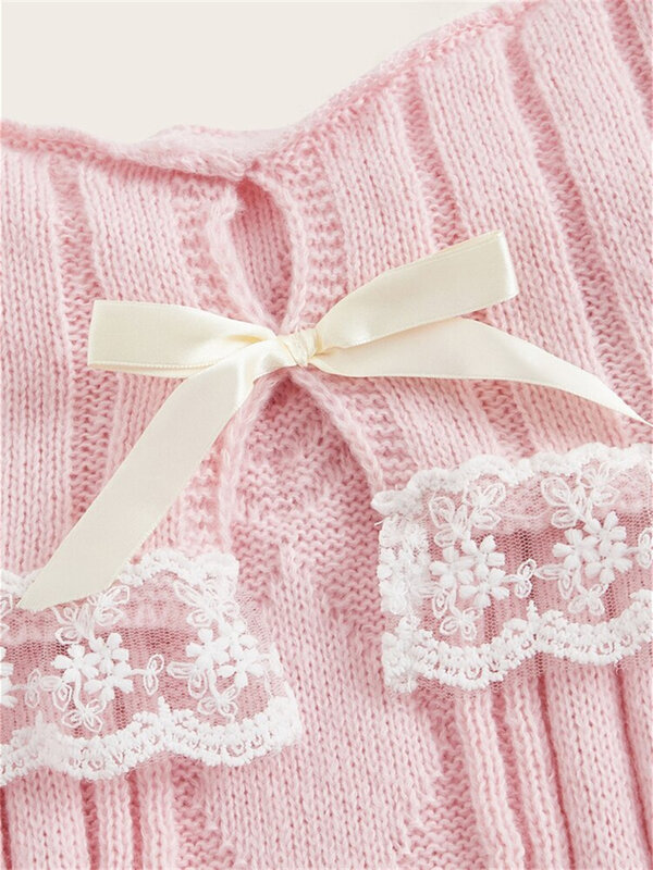 Grunge sweter rajut bahu terbuka wanita Pullover merah muda Pullover manis jumper tambal sulam renda pita lengan panjang Y2k pakaian jalanan