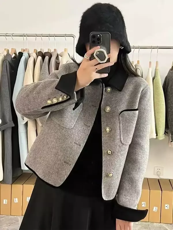Jaqueta de lã acolchoada cinza curta feminina, casaco de lapela contrastante, roupa vintage, Harajuku, outono, inverno