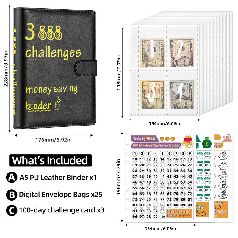 Bolsa Estilo Money Saving Binder, Loose-Leaf Notebook, Caixa Orçamento Organizer, 100 dias, 3000 Desafios