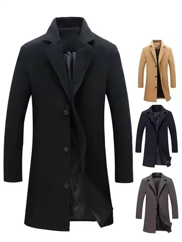 Single Breasted Lapel Long Coat Jacket Fashion Autumn Winter Casual Overcoat Plus Size Trench Men's Woolen Coats Solid Color