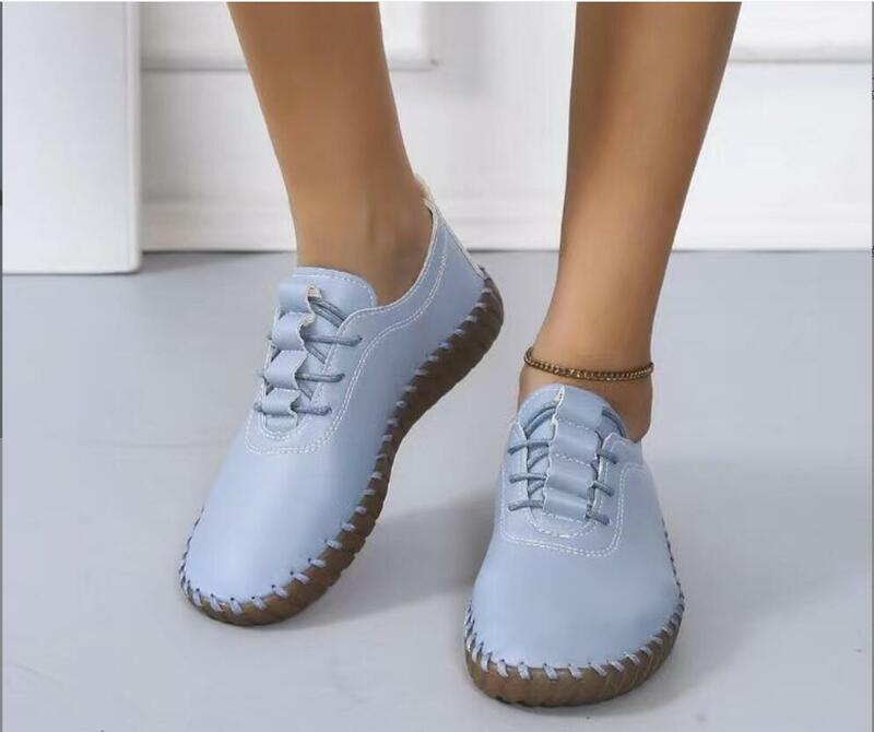 New Women Flats Shoes Platform Black White Lace Up Leather Flats Lace-Up Trend Spring Casual Mom Shoe Casual single shoes Large