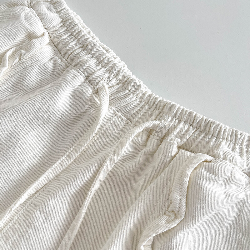 Shorts jeans brancos para mulheres, remendo sólido, borda ruched, cintura elástica, jeans de perna larga, streetwear de verão feminino, novo