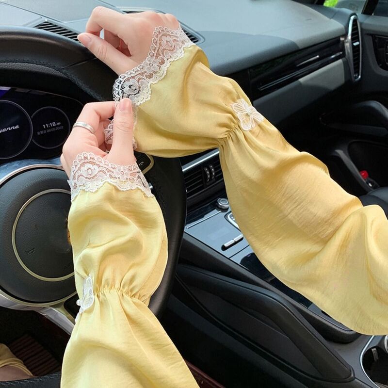 Sarung tangan UV renda elastis anti UV, sarung tangan insulasi es sutra renda kupu-kupu lengan panjang pelindung matahari musim panas