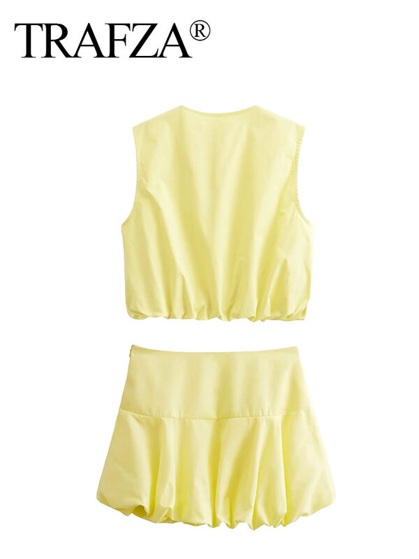TRAFZA 2024 Woman's Set Yellow O-Neck Sleeveless Pocket Zipper Tops+High Waist Pleated Zipper Skirts Summer Suits Woman Trendy