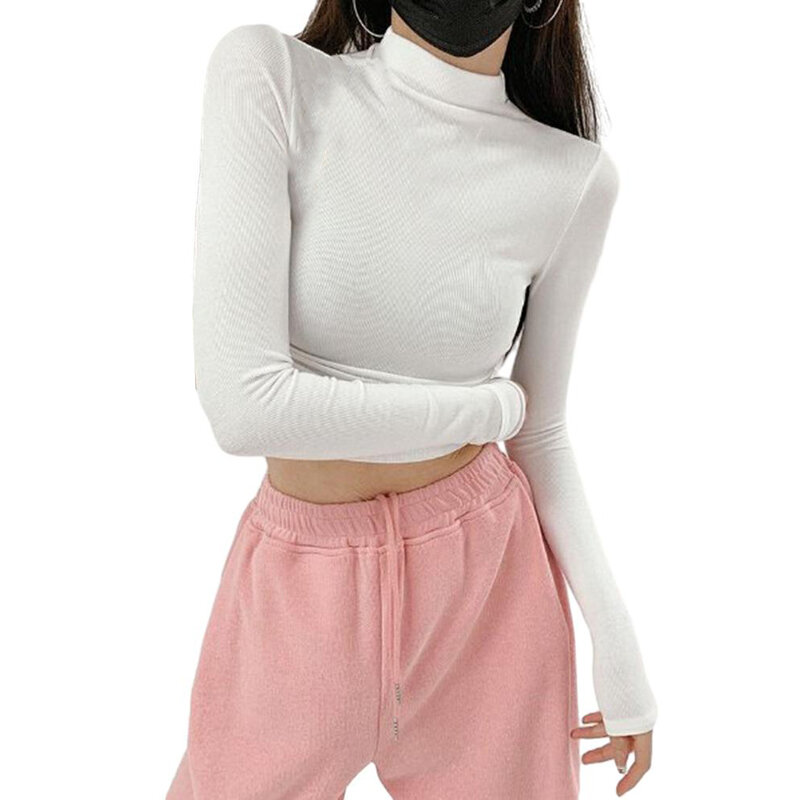 เสื้อยืด Y2K แฟชั่นสำหรับผู้หญิงคอเต่าสำหรับผู้หญิงเสื้อครอปแขนยาวผ้าโพลีเอสเตอร์แบบเกาหลี
