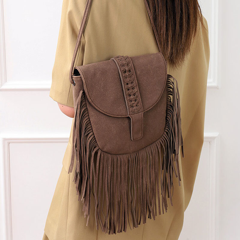 New woven semi-circular soft pu leather women bag large capacity tassel shoulder bag fashion crossbody bag
