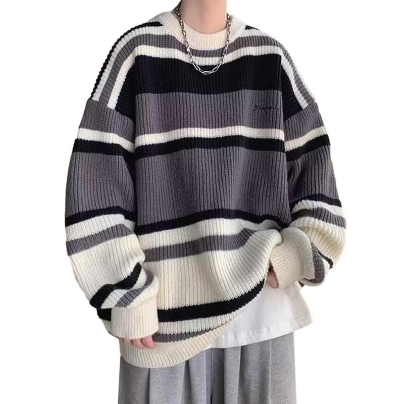 Cozy Sweater Japanese Style Colorblock Knitted Men's Sweater for Fall Winter Thick Warm Pullover with Long Sleeve Retro Mid