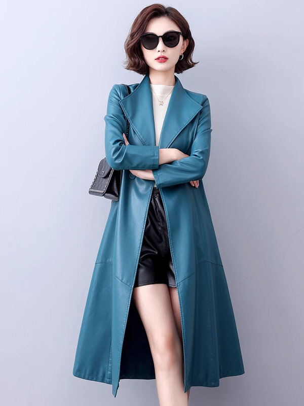 New Women Long Leather Coat Spring Autumn Fashion Elegant Lace-up Slim A-Line Split Leather Trench Coat Casual Sheepskin Coat