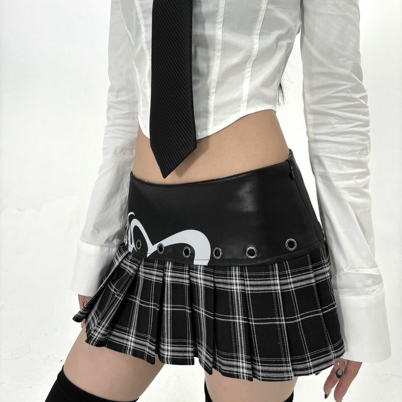 Летняя кожаная Лоскутная ультра короткая юбка y2k, винтажные защитные брюки, клетчатая плиссированная юбка для женщин, корейская модная одежда