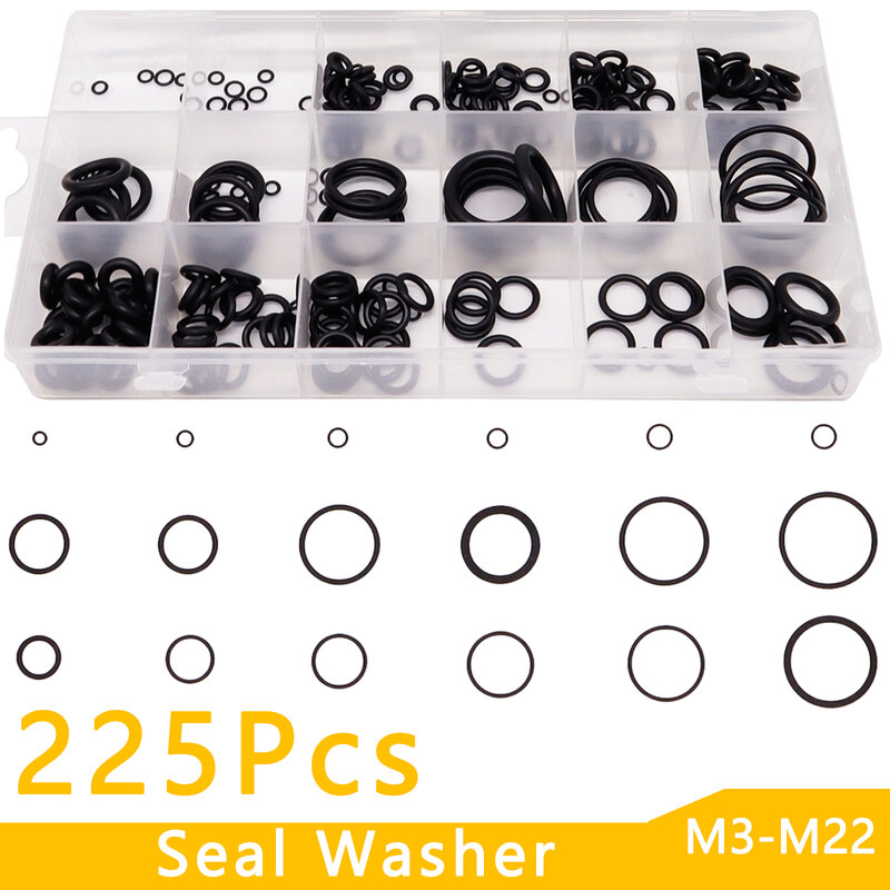 225 pçs/lote Borracha O-Ring O-Ring Washer Seals Junta De Vedação Impermeabilidade Variedade Tamanho Diferente Com Plactic Box Kit Set