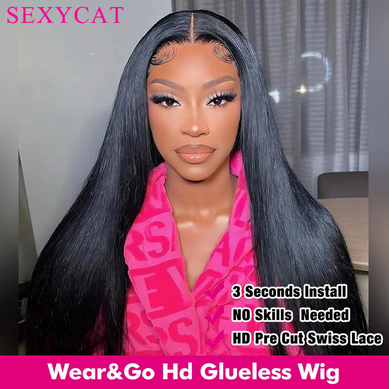 Perruque Lace Front Wig sans colle naturelle, cheveux humains lisses, 4x4 HD, 1B Wear and Go, pre-plucked, pour débutants
