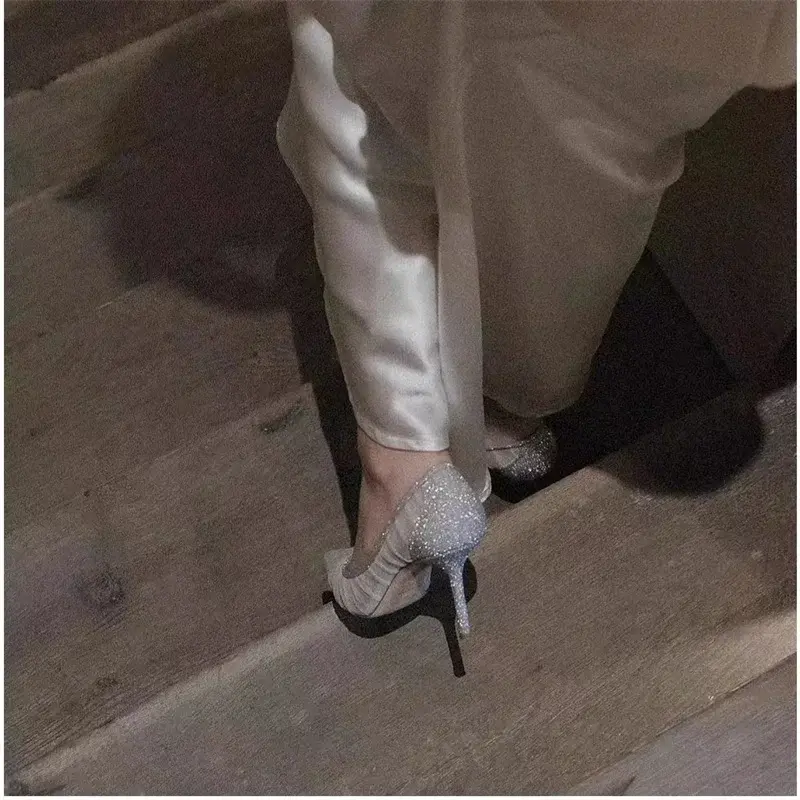 Sepatu pantofel runcing hak tinggi jaring, sepatu tunggal sepatu pernikahan pengantin musim gugur 2024