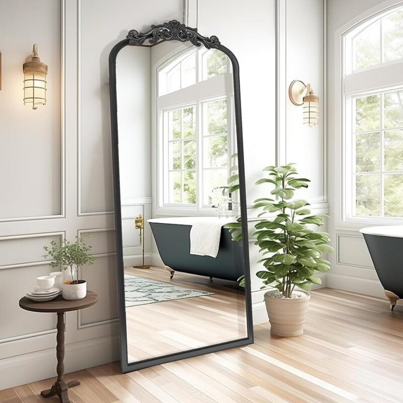 مرآة حائط كاملة قوس ، مرآة عتيقة مستقيمة أنيقة بإطار مزخرف ، مرايا سوداء ، ديكور كامل الجسم ، 22 بوصة × 65 بوصة