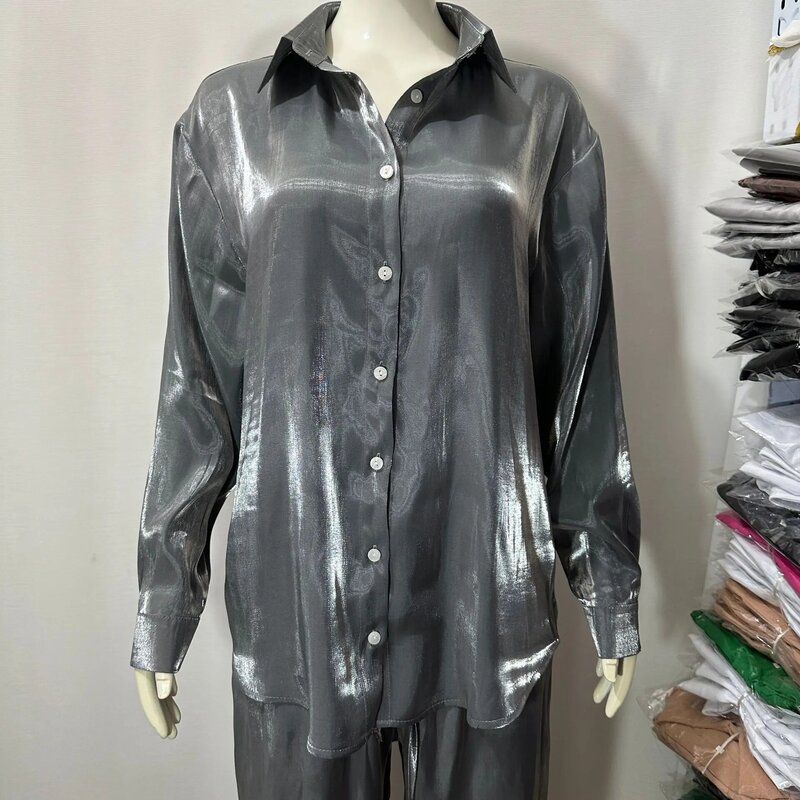 용수철 반짝이는 실크 셔츠 상의 및 하이 웨이스트 와이드 레그 팬츠, 우아한 여성 의류 바지 세트, 2 피스 세트, 신제품