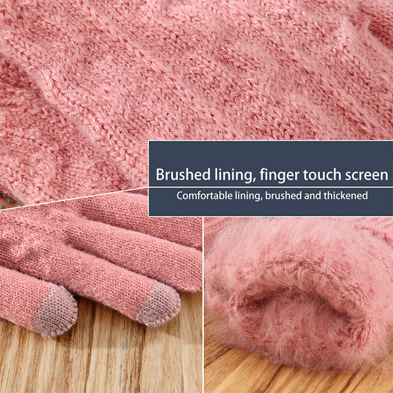 Luvas de tela sensível ao toque de dedo feminino, quente, velo, espessamento, lã, malha, ciclismo, dirigindo, inverno