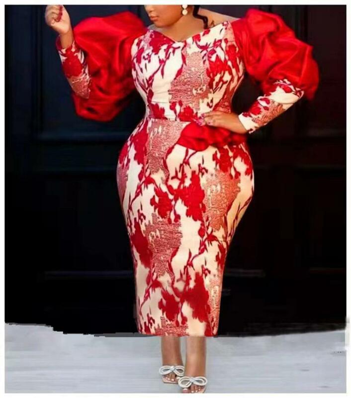 ชุดเดรสชุดราตรีคอวีแขนยาวสไตล์แอฟริกันสำหรับผู้หญิงชุดเดรสสไตล์แอฟริกันสีแดงสง่างามสำหรับฤดูร้อน