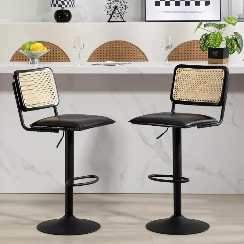 Finnhomy Modern Rattan Bar Stools Set of 2 - Natural Woven Design, Swivel Seat, Footrest, and Cane Backrest, Height Adjustable B
