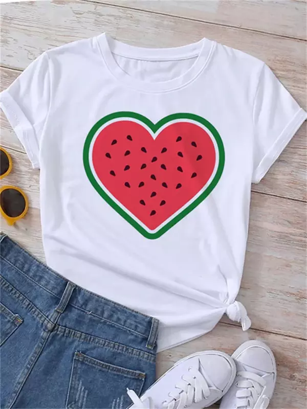 Verão feminino engraçado melancia fruta impressão camiseta, Harajuku camisas brancas, desenhos animados tops casuais, roupas femininas, novo
