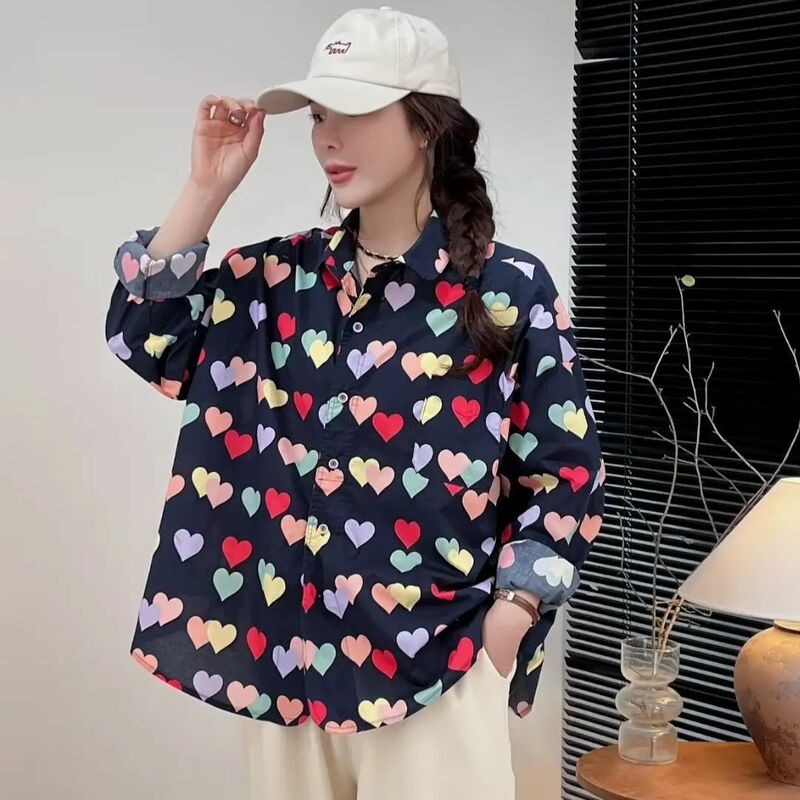 Vintage Heart-shaped Printed Blouse for Women Summer Tops Stylish Turn-down Collar Oversized Shirts Plus Size Women's Clothing