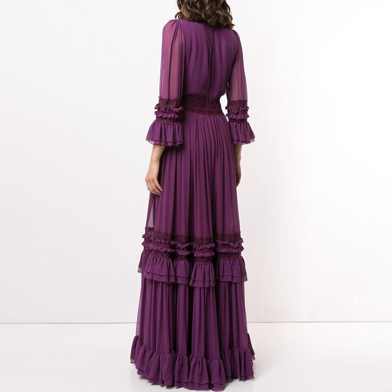무릎 기질 여성 긴 치마, 허리는 얇은, 7 분기 소매 연회 드레스, 중공업 레이스 드레스