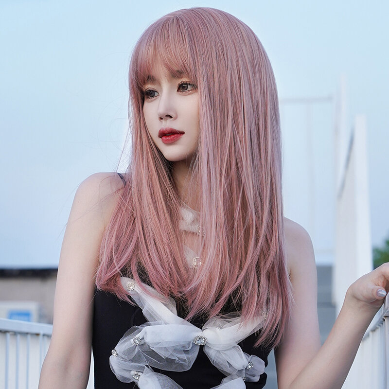 Peruka 7JHH peruka Lolita syntetyczna pomarańczowo-różowa peruka z grzywką o dużej gęstości kolorowa peruka do włosów dla kobiet