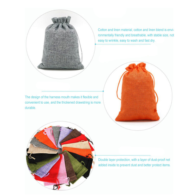 กระเป๋าผ้าลินินแบบมีเชือกผูกถุงกระสอบถุงเก็บของใช้ซ้ำได้น้ำหนักเบา