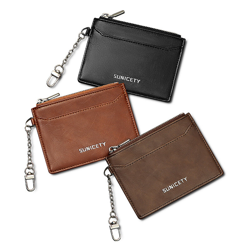 Men's Card Bags chain PU leather Multi card position driver's license Clamp sleeve Thin style zipper transverse coin purse