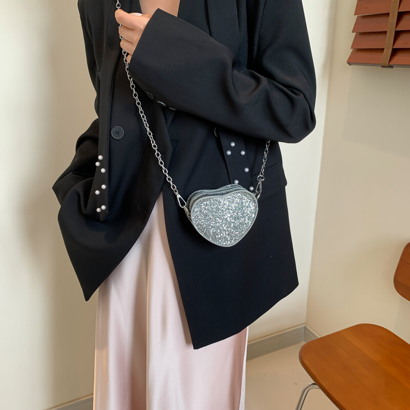 Super Mini Crossbody Bag For Women Luxury Sequined Handbag Coin Purse Lipstick Pouch Cute Love Heart Shape Girls Shoulder Purse