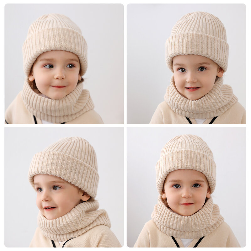 Winter Hut Schal Set für Kind 2022 Gestreiften Beanies Hüte für Mädchen Boy Solid Farbe Stricken Dicke Mützen Schals Set für Mädchen Kinder